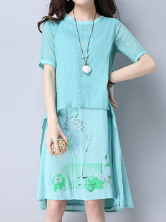 Blue Green Knee Length Chinese Two-Layered Printed Plus Size Dress for Casual Office Party