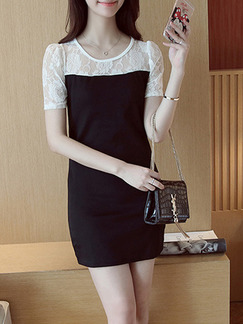 White and Black Shift Above Knee Lace Dress for Casual Party Evening Office