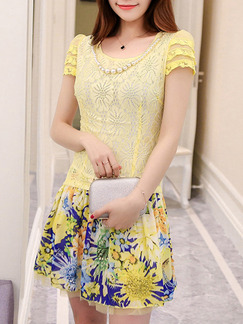 Yellow Colorful Above Knee Lace Dress for Casual Party