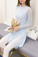 Blue Sheath Above Knee Plus Size Long Sleeve Lace Dress for Casual Party Evening Office