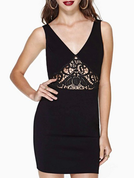 Black Above Knee Plus Size V Neck Lace Bodycon Dress for Party Evening Cocktail