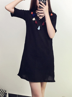 Black Colorful Above Knee Shift V Neck Dress for Casual Party