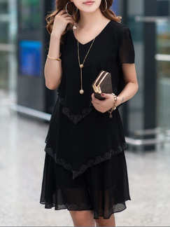 Black Above Knee V Neck Plus Size Shift Dress for Casual Party Evening