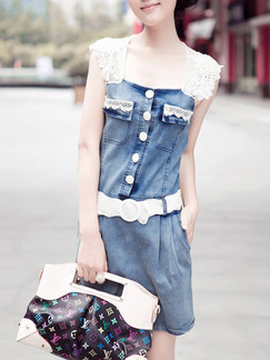 White Blue Above Knee Lace Denim Dress for Casual Party