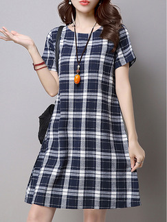 Blue White Grey Above Knee Plus Size Shift Dress for Casual