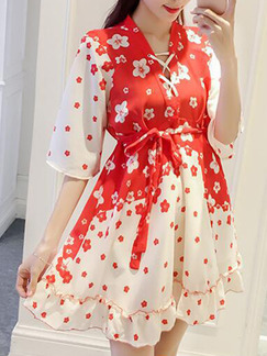 White Red Above Knee Fit & Flare Dress for Casual Party Evening