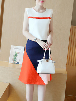 White Orange Blue Knee Length Plus Size Dress for Casual Office Evening Party
