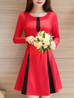 Red Black Above Knee Plus Size Long Sleeve Fit & Flare Dress for Party Evening Cocktail