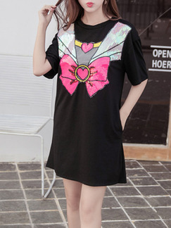 Black Colorful Shift T-Shirt Above Knee Dress for Casual Evening