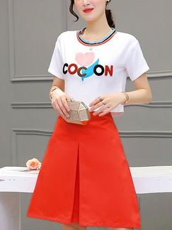 White and Red Two Piece Fit & Flare Plus Size Above Knee Dress for Casual On Sale