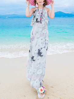 White Maxi Floral Halter Dress for Casual Beach
