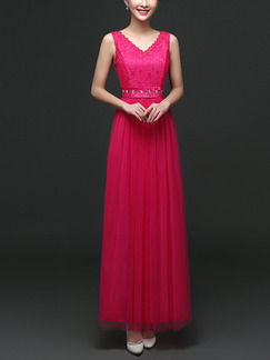 Red V Neck Maxi Lace Dress for Prom Bridesmaid