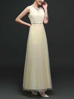 Beige V Neck Maxi Lace Dress for Prom Bridesmaid