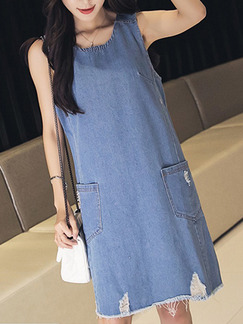 Blue Shift Knee Length Denim Plus Size Dress for Casual