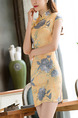 Yellow and Blue Bodycon Above Knee Plus Size Floral Dress for Casual Evening