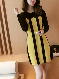 Black and Yellow Above Knee Shift Long Sleeve Dress for Casual Office Evening