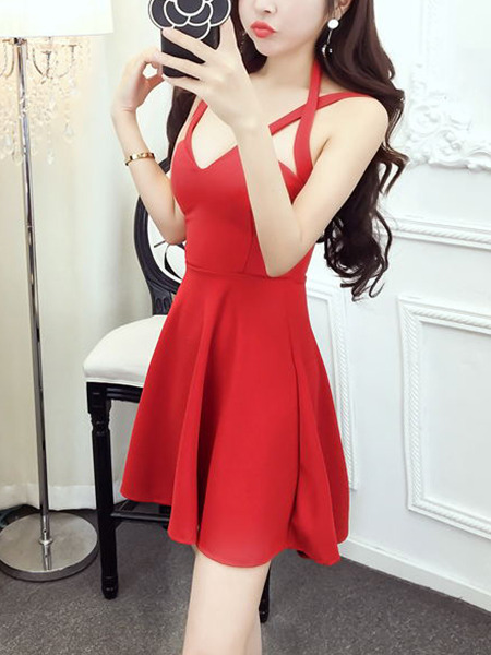 Red Above Knee Fit & Flare Slip V Neck Dress for Casual Party Evening