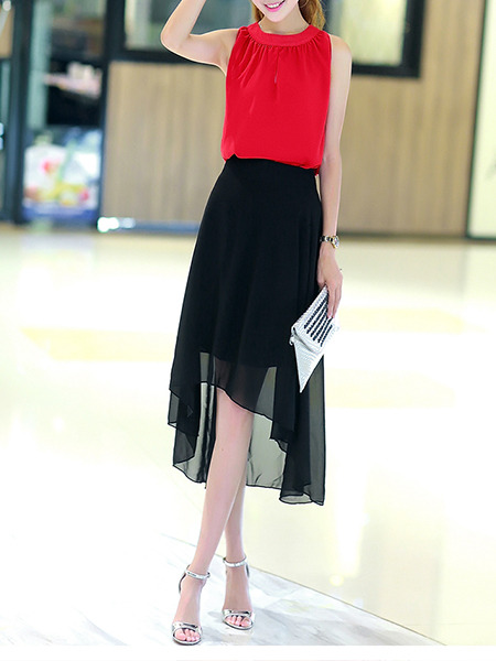 Red and Black Plus Size Midi Two Piece Dress for Casual Office Evening