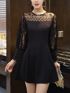 Black Plus Size Above Knee Fit & Flare Long Sleeve Lace Dress for Evening Party Cocktail