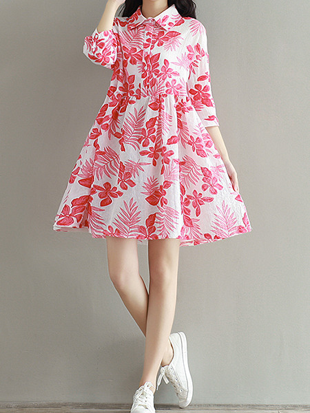 Red and White Floral Fit & Flare Shirt Above Knee Plus Size Dress for Casual Beach