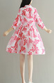 Red and White Floral Fit & Flare Shirt Above Knee Plus Size Dress for Casual Beach