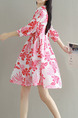 Red and White Floral Fit & Flare Shirt Above Knee Plus Size Dress for Casual Beach