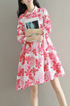 Red and White Floral Fit & Flare Shirt Above Knee Plus Size Dress for Casual Beach