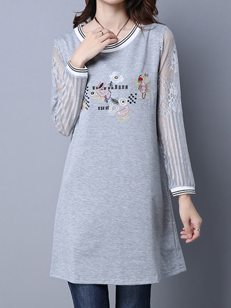 Grey Shift Long Sleeve Above Knee Plus Size Dress for Casual