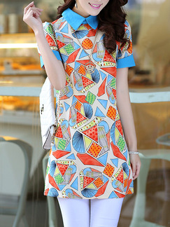 Blue Colorful Shift Shirt Above Knee  Dress for Casual
