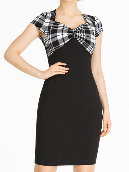 Black and White Bodycon Above Knee Plus Size Dress for Casual Office Evening