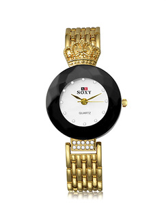 Gold Gold Plated Band Rhinestone Bracelet Quartz Watch