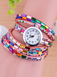 Multi-Color Leather Band Rhinestone Beaded Bracelet Quartz Watch