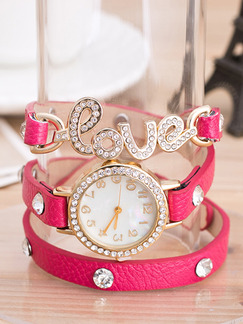 Pink Leather Band Rhinestone Bracelet Quartz Watch