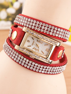 Red Leather Band Rhinestone Bracelet Quartz Watch