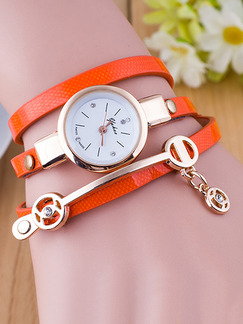 Orange Leather Band Rhinestone Bracelet Quartz Watch