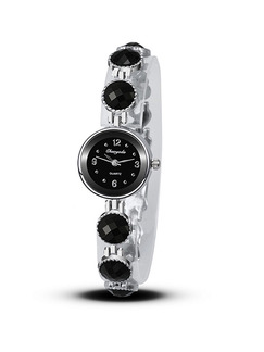 Black and Silver Ceramic Band Rhinestone Beaded Bracelet Quartz Watch