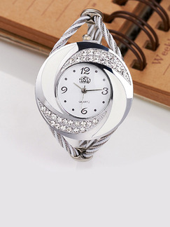 Silver Silver Plated Band Bangle Rhinestone Quartz Watch