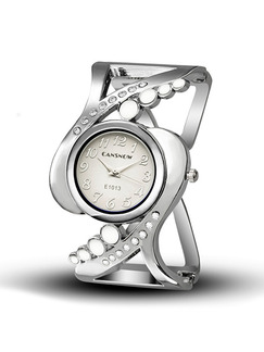 Silver and White Silver Plated Band Bangle Rhinestone Quartz Watch