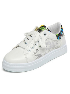White Colorful Leather Round Toe Lace Up Rubber Shoes
