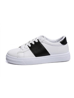 Black and White Leather Round Toe Lace Up Rubber Shoes