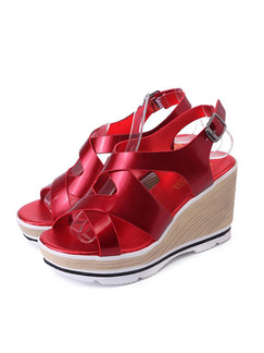 Red Beige and White Leather Open Toe Platform Ankle Strap 8.5CM Wedges