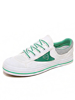 White and Green Canvas Round Toe Lace Up Rubber Shoes
