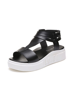Black Leather Open Toe Platform Ankle Strap Sandals