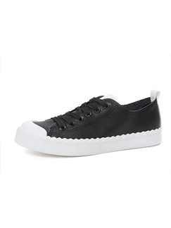 Black and White Leather Round Toe Lace Up Rubber Shoes