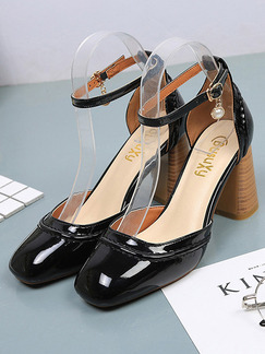 Black and Apricot Patent Leather Round Toe High Heel Chunky Heel Ankle Strap 8CM Heels