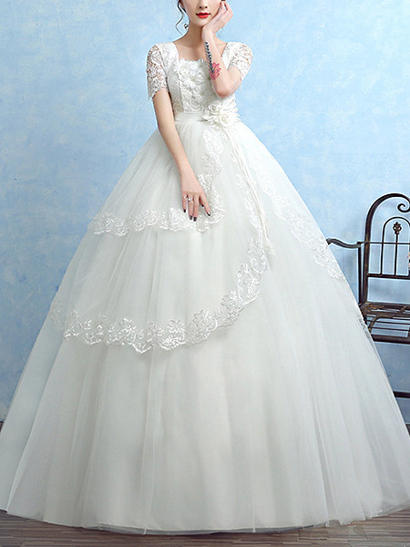 White Square Ball Gown Appliques Embroidery Dress for Wedding