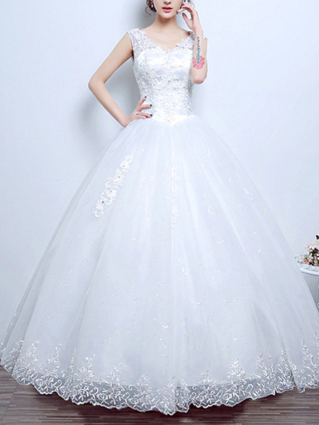 White V Neck Princess Appliques Beading Embroidery Dress for Wedding