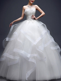 White Strapless Ball Gown Appliques Beading Ruffle Dress for Wedding
