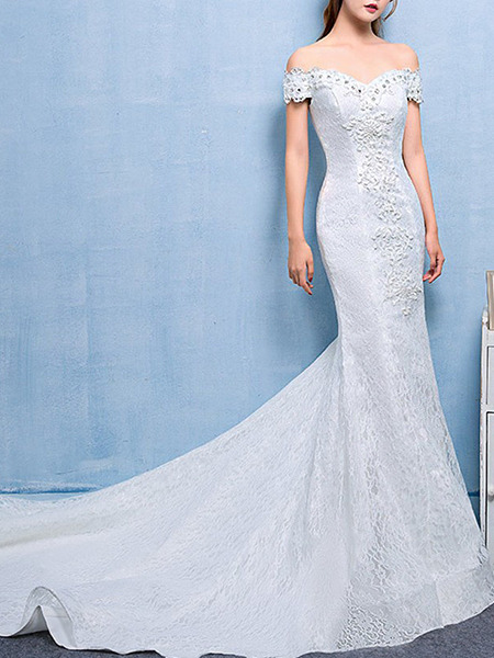 White Off Shoulder Mermaid Beading Embroidery Appliques Dress for Wedding