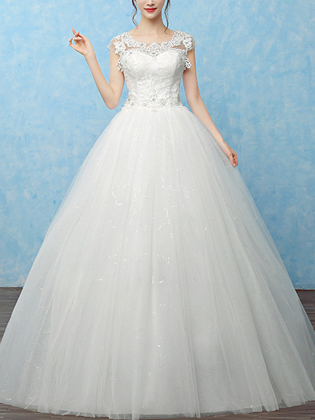 White Bateau Princess Beading Appliques Dress for Wedding